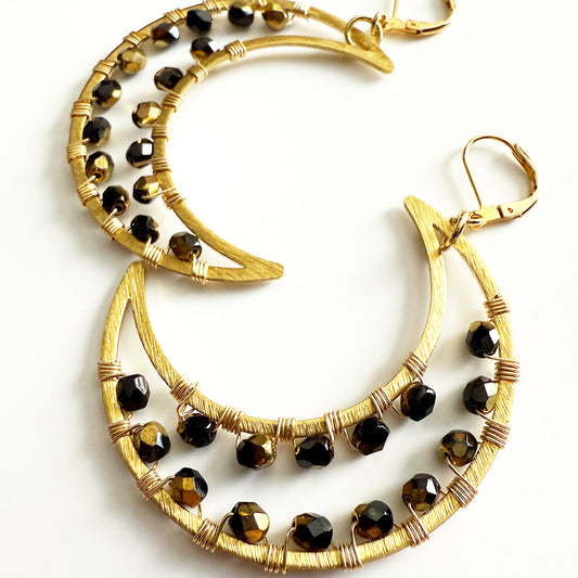 Two Tone Black and Gold Crescent Moon Earrings