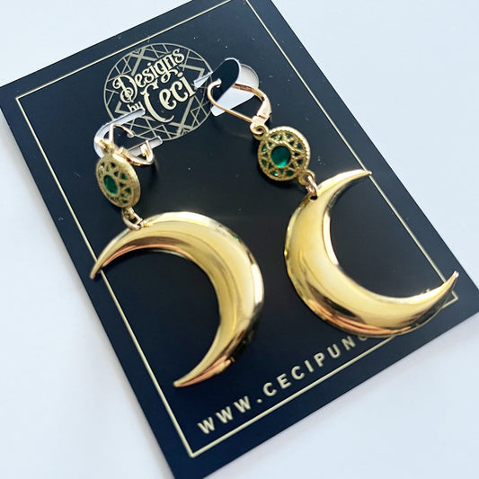 Emerald Sun + Moon Charm Earrings