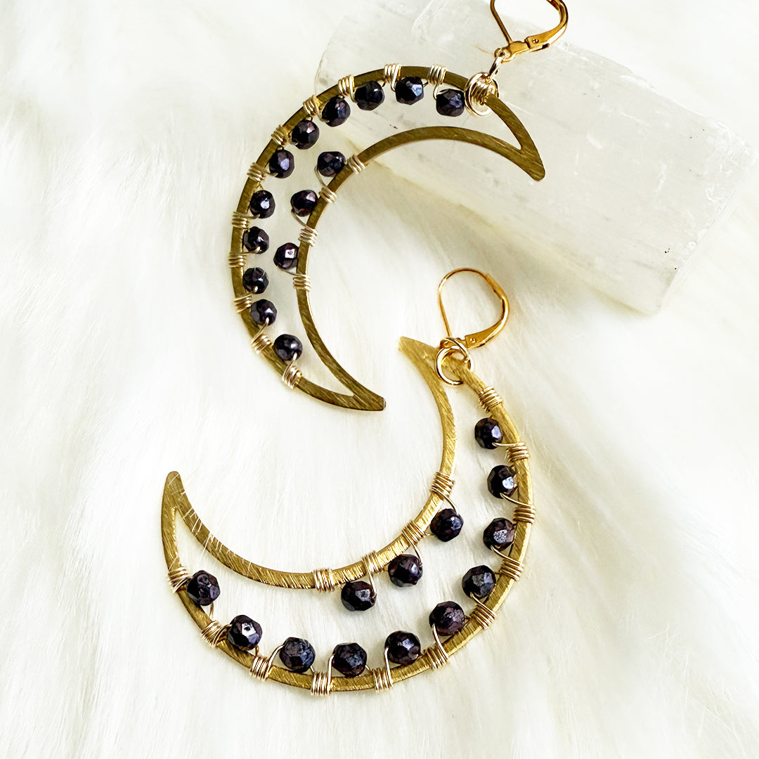 Purple Metallic Crescent Moon Statement Earrings