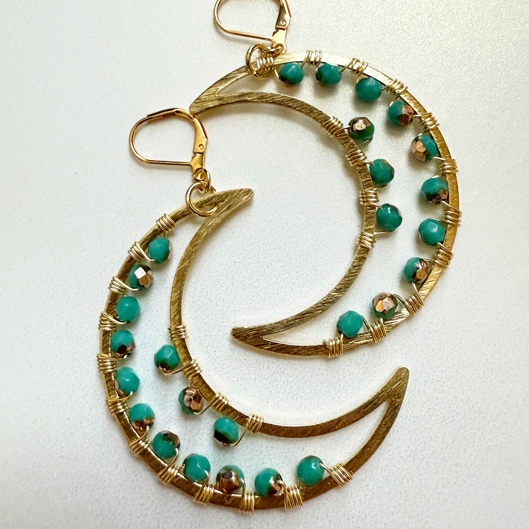 Two Tone Turquoise and Gold Crescent Moon Earrings