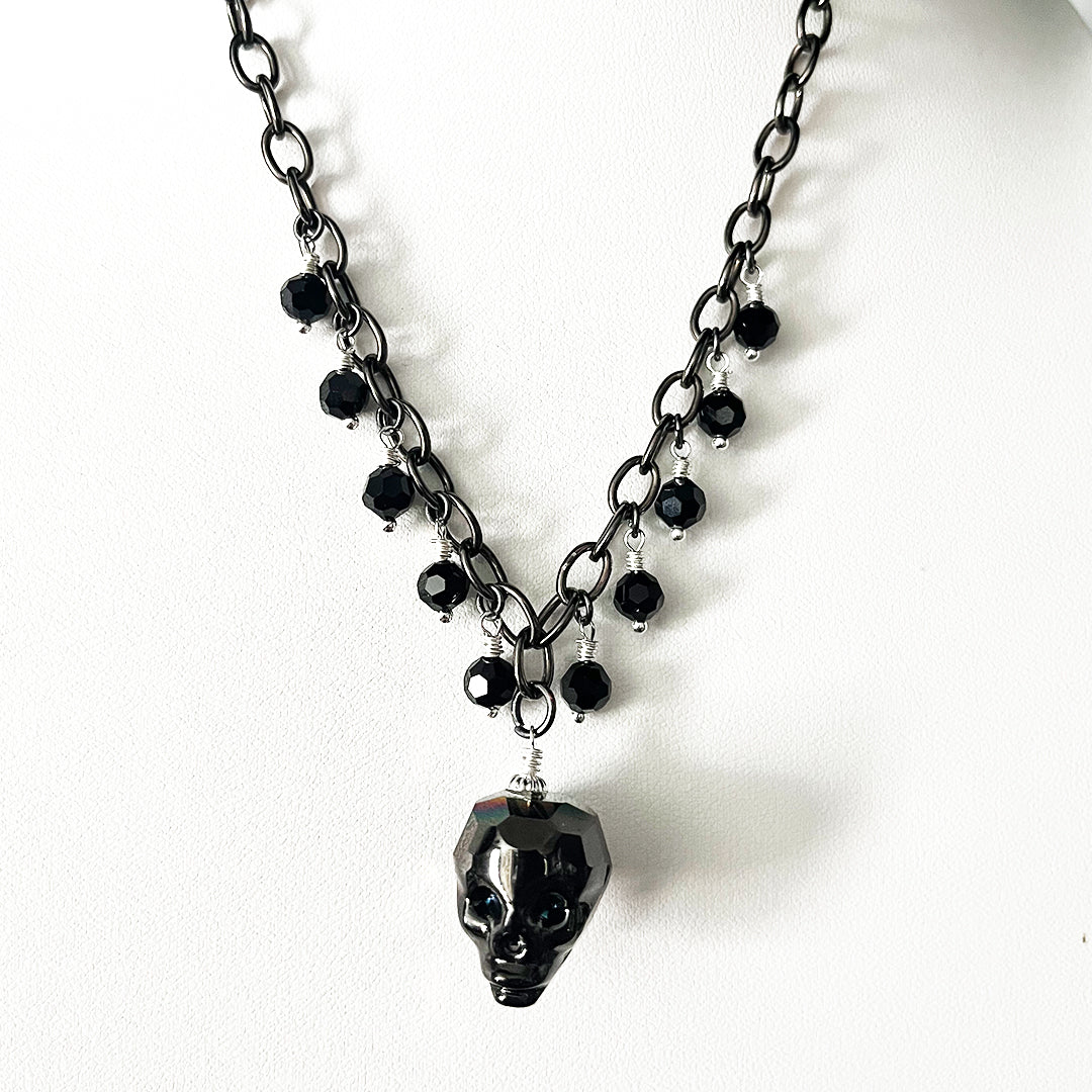 Crystal Skull Statement Gunmetal Necklace