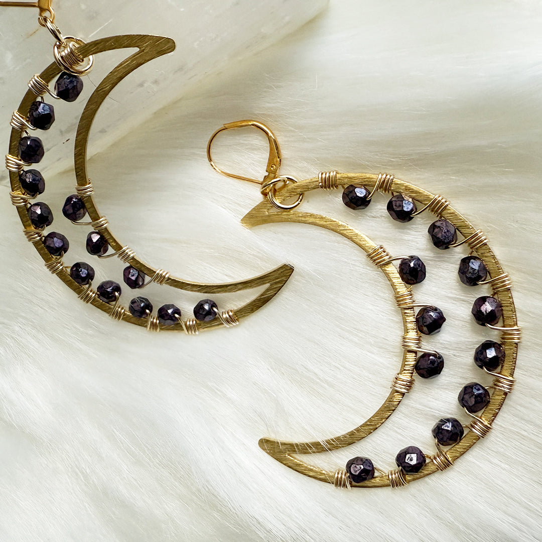 Purple Metallic Crescent Moon Statement Earrings