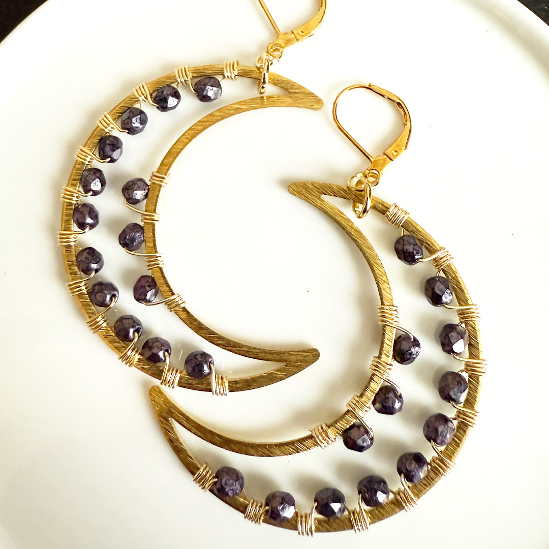 Purple Metallic Crescent Moon Statement Earrings