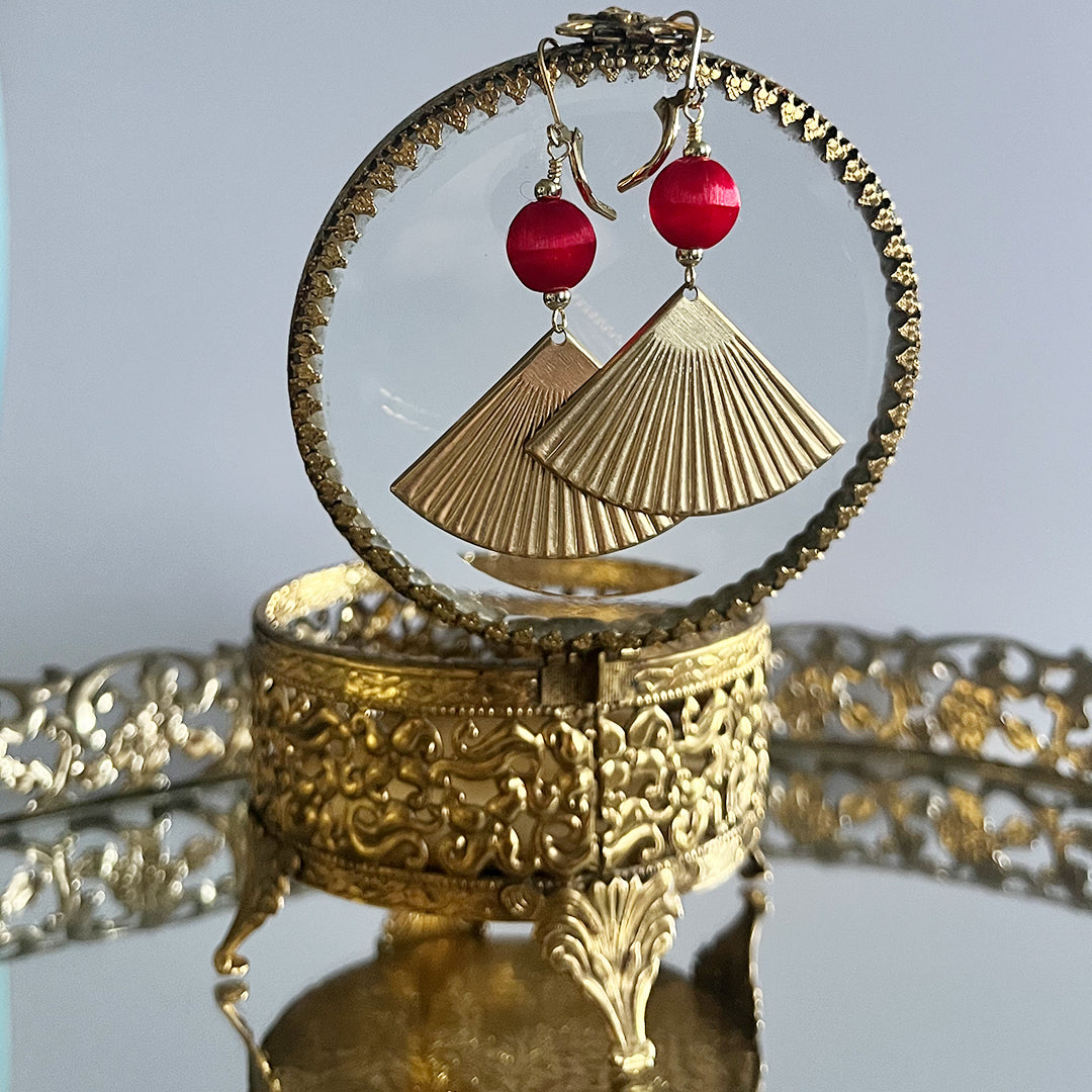 Silk Bead Gold Fan Earrings RED