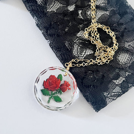 Vintage Glass Rose Pendant Necklace