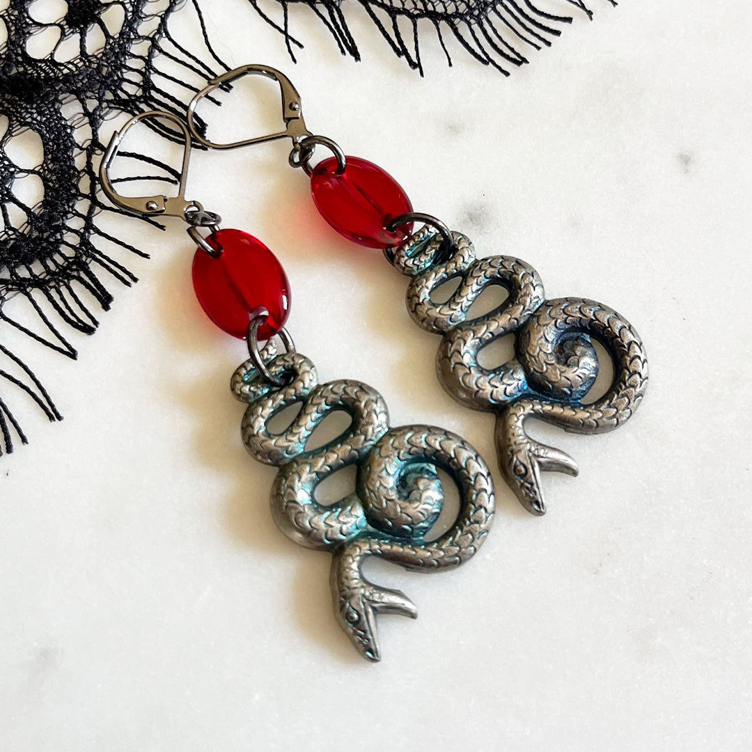 Snake Statement Earrings Ruby Red