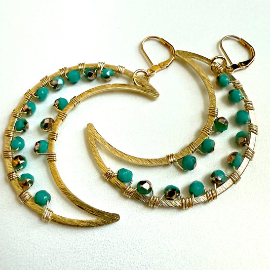 Two Tone Turquoise and Gold Crescent Moon Earrings