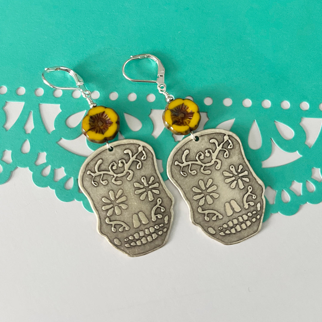 Sugar Skull & Flower Earrings SILVER & YELLOW